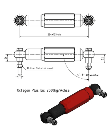 Achsstoßdämpfer, rot, - 2000 kg, 254 mm, 125 mm Hub - B&B Shop - 2000 Stockerau