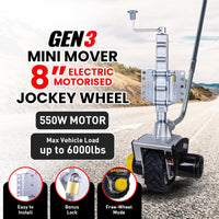 Anhänger elektrische Rangierhilfe, 12V Wohnwagen, Anhänger Rangierhilfe, 550W, Mini Mover Generation 3, elektrisches Stützrad, bis 2722KG - B&B Shop - 2000 Stockerau