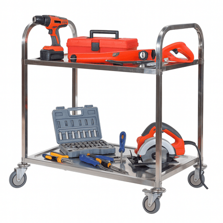 Edelstahl massiv, Werkstattwagen, Werkbank, Leichtlaufräder mit Bremsen, 2 Etagen bis 150kg - B&B Shop - 2000 Stockerau