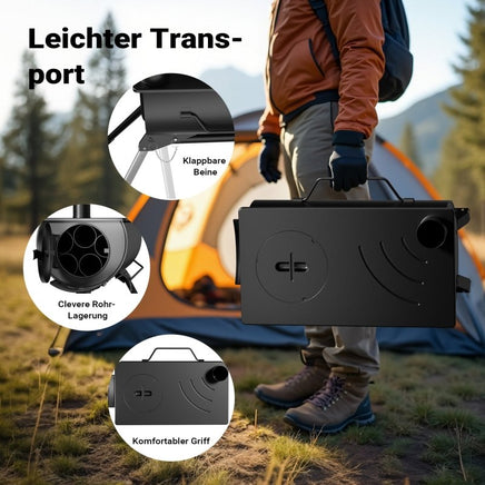 mobiler Ofen, Zeltofen Stahl, robuster Campingofen 85 x 57,5 x 238 cm, Holzofen mit Rauchabzug Ø 6 cm x 40 cm, Werkstattofen - B&B Shop - 2000 Stockerau