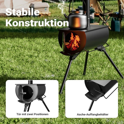 mobiler Ofen, Zeltofen Stahl, robuster Campingofen 85 x 57,5 x 238 cm, Holzofen mit Rauchabzug Ø 6 cm x 40 cm, Werkstattofen - B&B Shop - 2000 Stockerau