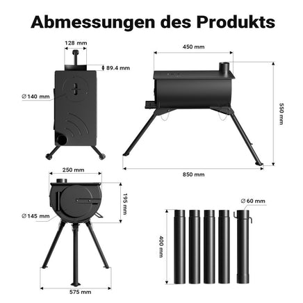 mobiler Ofen, Zeltofen Stahl, robuster Campingofen 85 x 57,5 x 238 cm, Holzofen mit Rauchabzug Ø 6 cm x 40 cm, Werkstattofen - B&B Shop - 2000 Stockerau