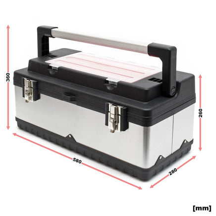 Werkzeugkasten 59x28x25,5 cm aus Edelstahl, Universal Werkzeugkoffer mit Kunststoff - Rahmen, Werkzeugträger und Handgriff, Profi - Werkzeugkiste - B&B Shop - 2000 Stockerau