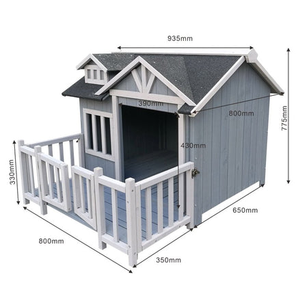 Luxus XL Hundehütte Hundehaus Holz Balkon Terrasse, 93,5 x 105 x 77,5 cm-B&B Shop - 2000 Stockerau