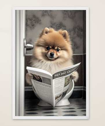 Pomeranian sitzt auf der Toilette und liest eine Zeitung, Poster für Bad oder Toilette, (inkl. Versand)-B&B Shop - 2000 Stockerau
