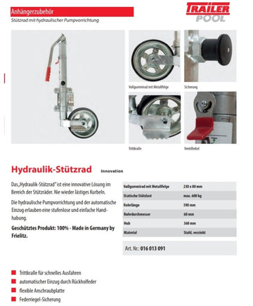 Stützrad mit hydraulischer Pumpvorrichtung, Ø 60 mm, Stützlast 600 kg-B&B Shop - 2000 Stockerau
