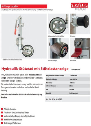 Stützrad mit hydraulischer Pumpvorrichtung, Ø60 mm, mit Stützlastanzeige, Stützlast: 600KG-B&B Shop - 2000 Stockerau