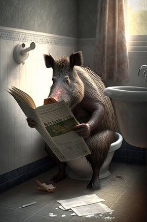 Wildschwein sitzt auf der Toilette und liest eine Zeitung, Poster für Bad oder Toilette, (inkl. Versand)-B&B Shop - 2000 Stockerau